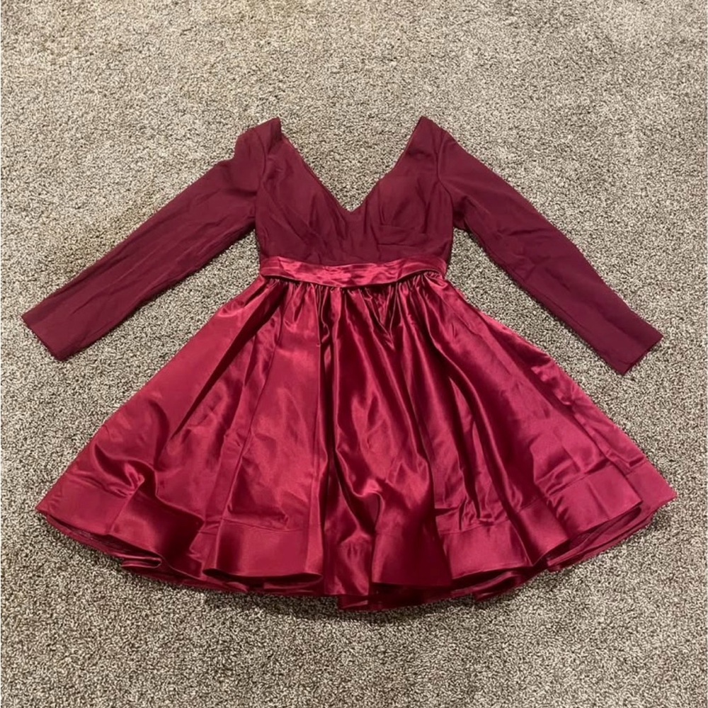 Glamlora A-line V-Neck Long Sleeves Satin Chic Short/Mini Dress